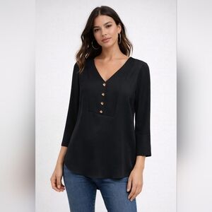 Joseph Ribkoff Black Blouse – Size 8 – Gold Buttons – Elegant Minimalist Top